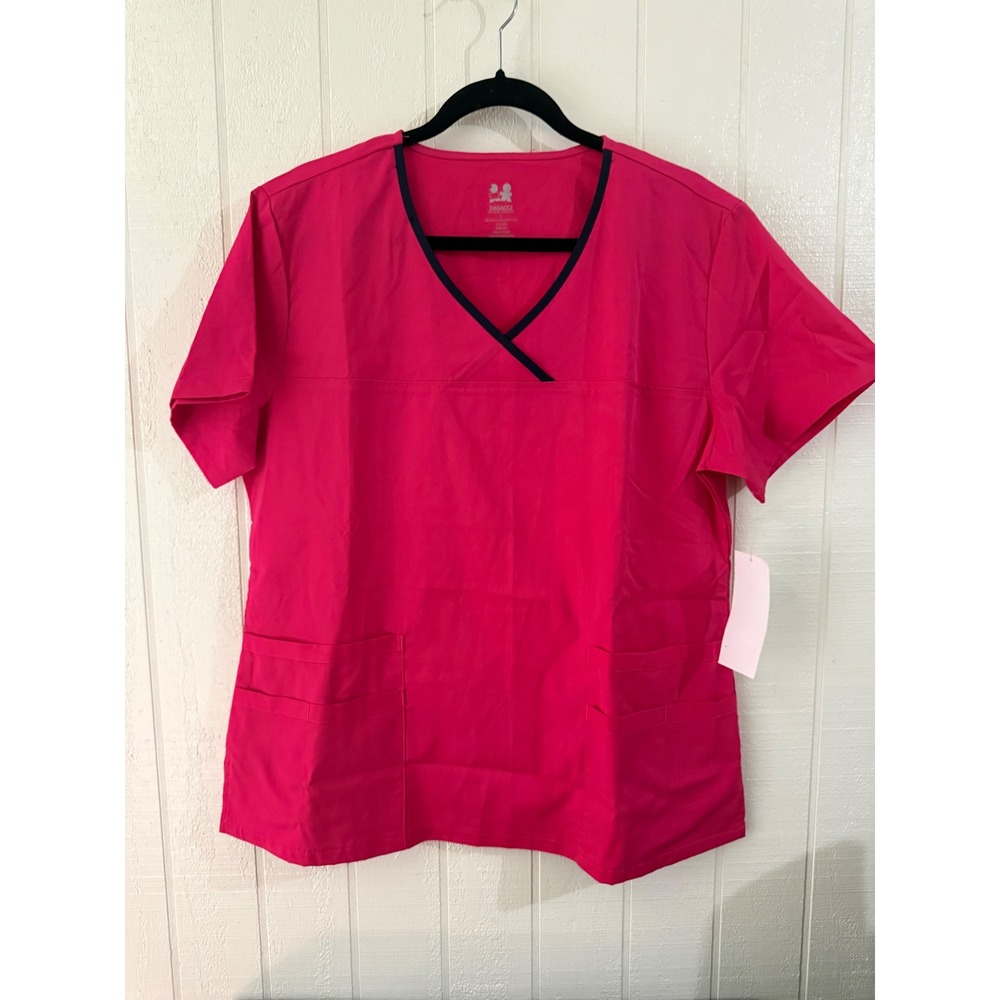 Dagacci Natural Stretch Women Hot Pink V-Neck Scrub Top Size L 2104 Navy Trim